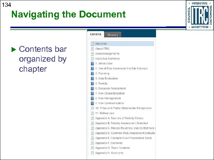 134 Navigating the Document Contents bar organized by chapter 