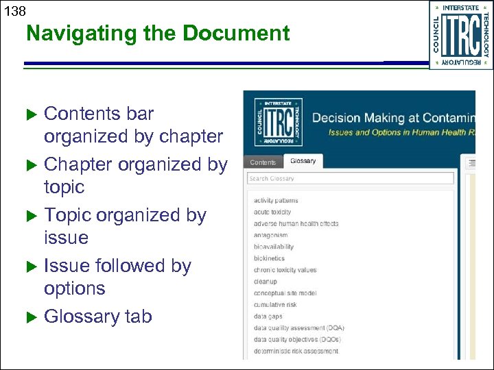 138 Navigating the Document Contents bar organized by chapter Chapter organized by topic Topic