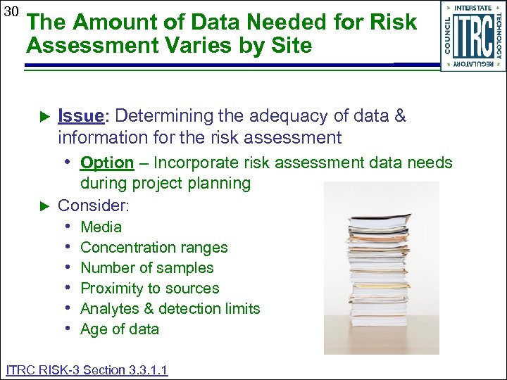 30 The Amount of Data Needed for Risk Assessment Varies by Site Issue: Determining