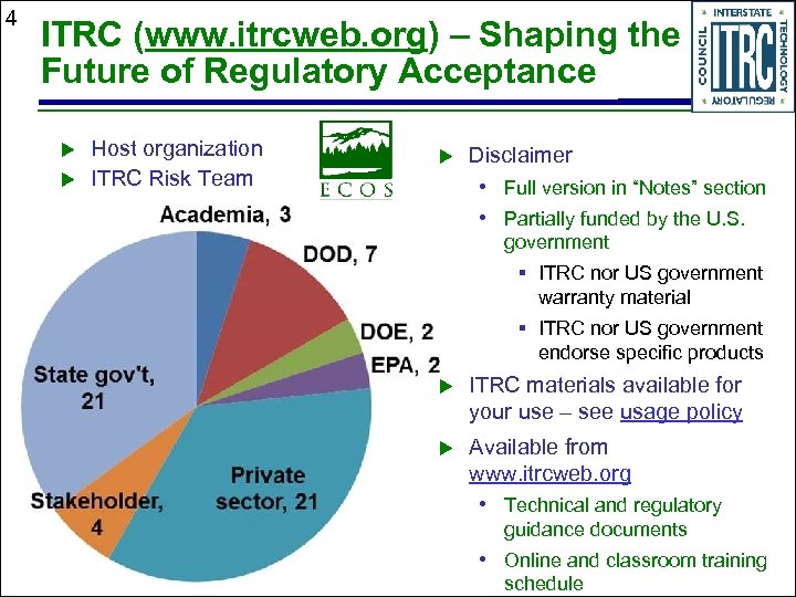 4 ITRC (www. itrcweb. org) – Shaping the Future of Regulatory Acceptance Host organization