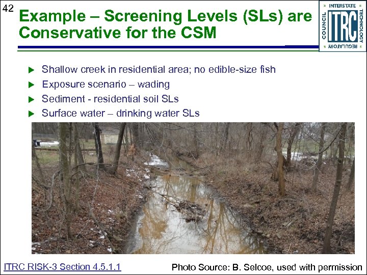 42 Example – Screening Levels (SLs) are Conservative for the CSM Shallow creek in