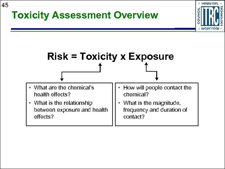 45 Toxicity Assessment Overview Risk = Toxicity x Exposure § What are the chemical’s