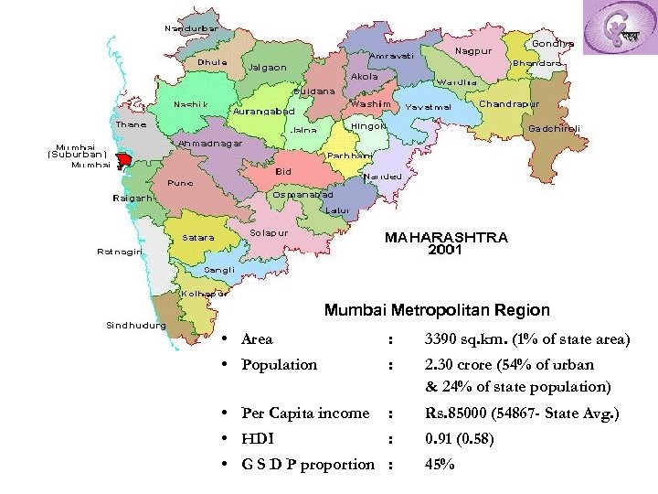 Mumbai Metropolitan Region • Area : 3390 sq. km. (1% of state area) •