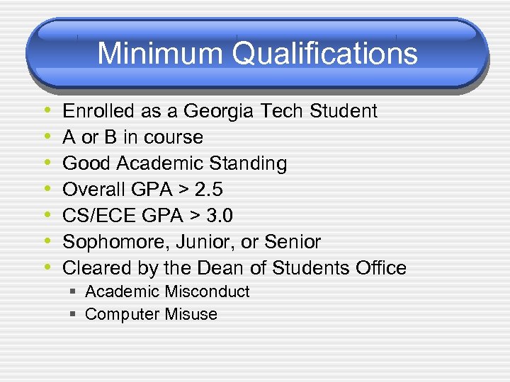 Minimum Qualifications • • Enrolled as a Georgia Tech Student A or B in