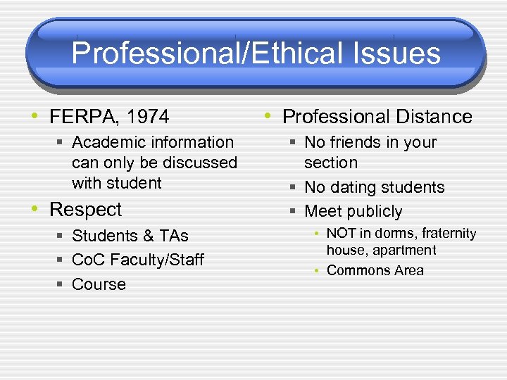 Professional/Ethical Issues • FERPA, 1974 § Academic information can only be discussed with student