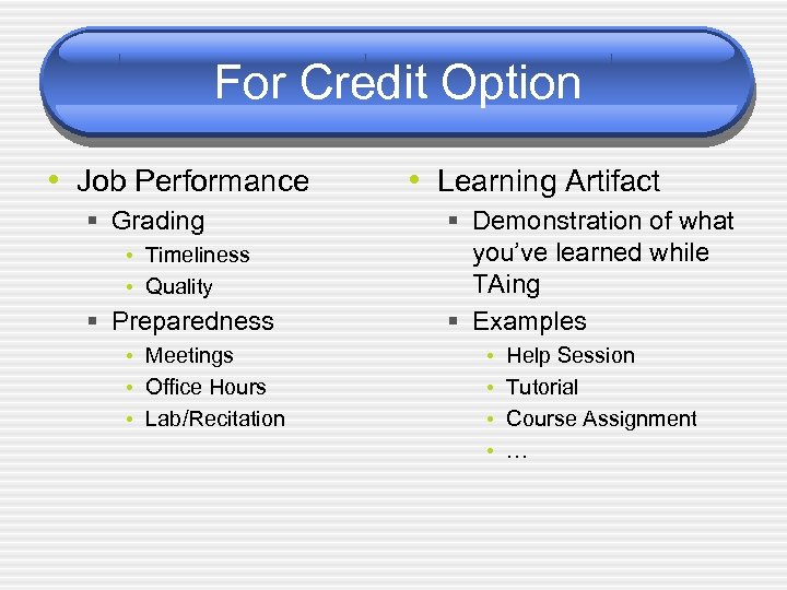 For Credit Option • Job Performance § Grading • Timeliness • Quality § Preparedness