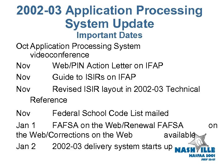 2002 -03 Application Processing System Update Important Dates Oct Application Processing System videoconference Nov