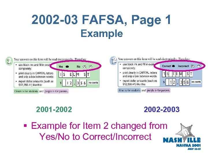 2002 -03 FAFSA, Page 1 Example 2001 -2002 -2003 § Example for Item 2