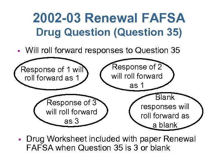 2002 -03 Renewal FAFSA Drug Question (Question 35) Will roll forward responses to Question