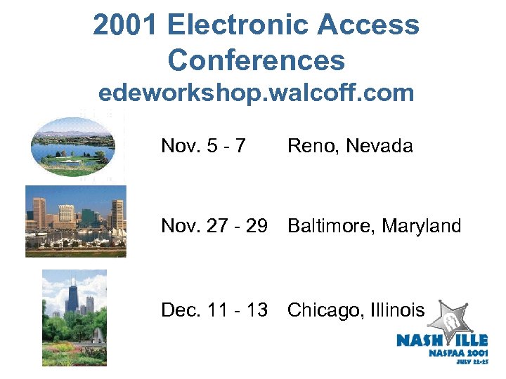 2001 Electronic Access Conferences edeworkshop. walcoff. com Nov. 5 - 7 Reno, Nevada Nov.
