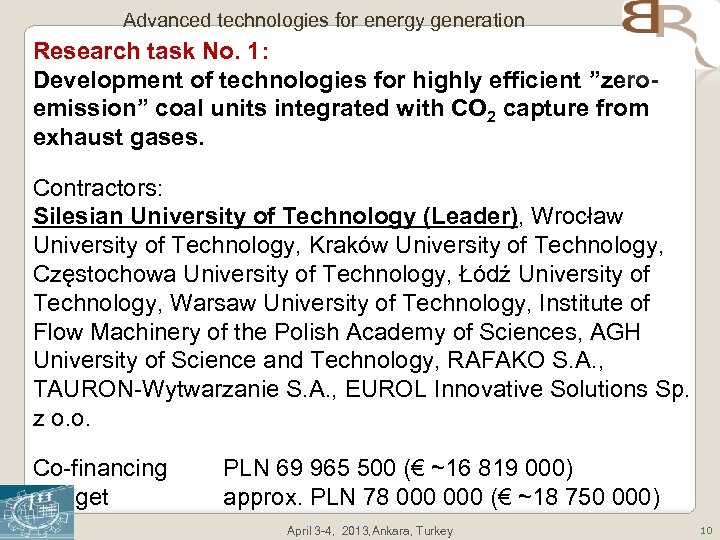 Advanced technologies for energy generation Research task No. 1: Development of technologies for highly