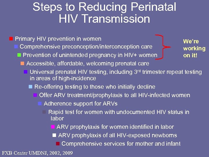 Steps to Reducing Perinatal HIV Transmission Primary HIV prevention in women We’re Comprehensive preconception/interconception