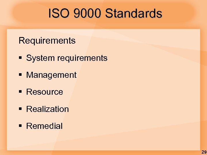 ISO 9000 Standards Requirements § System requirements § Management § Resource § Realization §