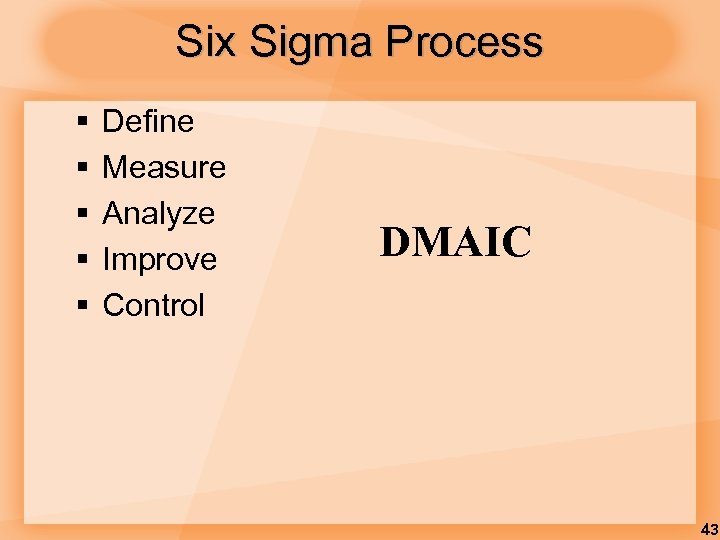 Six Sigma Process § § § Define Measure Analyze Improve Control DMAIC 43 