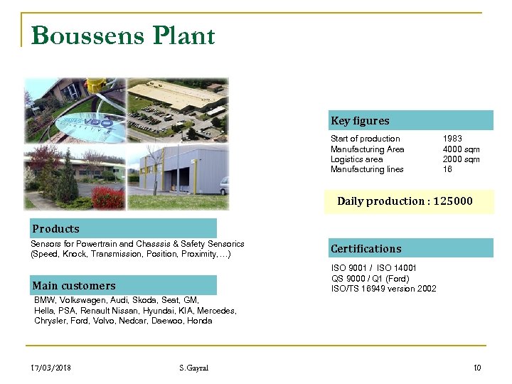Boussens Plant Key figures Start of production Manufacturing Area Logistics area Manufacturing lines 1983
