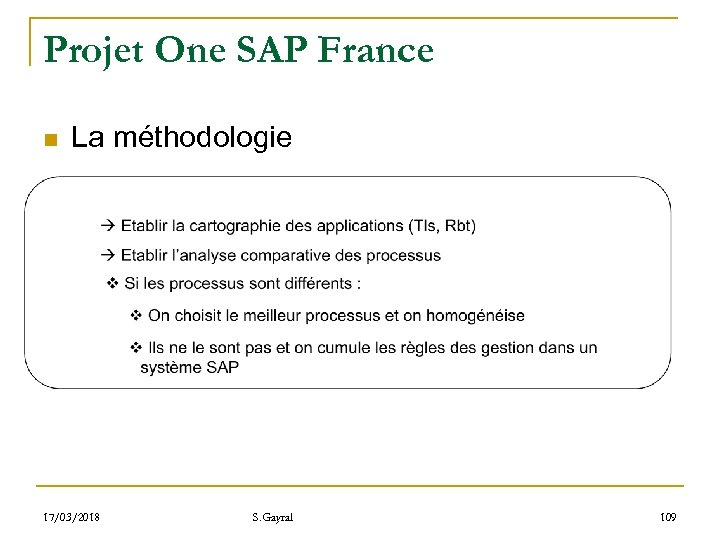 Projet One SAP France n La méthodologie 17/03/2018 S. Gayral 109 