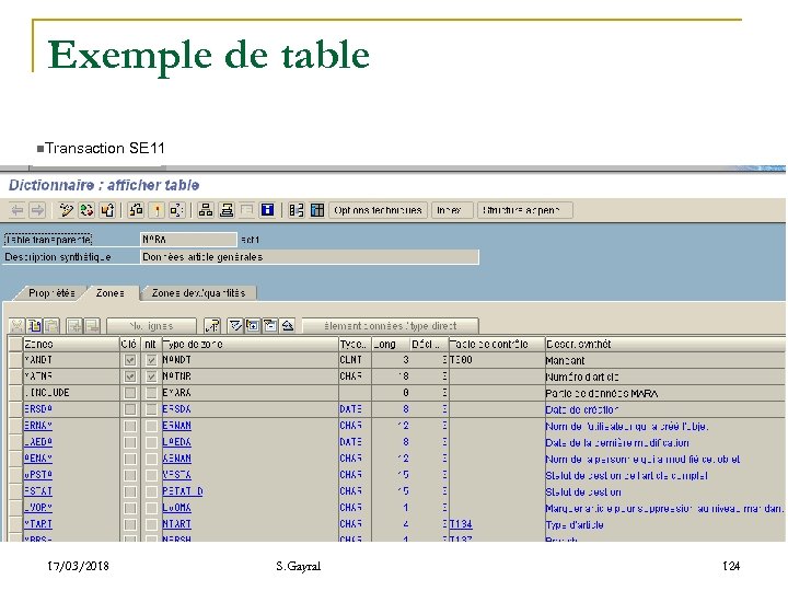 Exemple de table n. Transaction SE 11 17/03/2018 S. Gayral 124 
