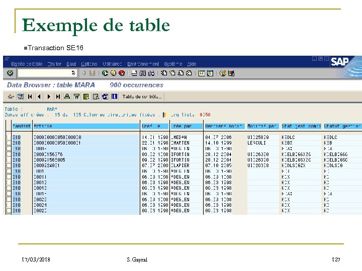 Exemple de table n. Transaction SE 16 17/03/2018 S. Gayral 127 