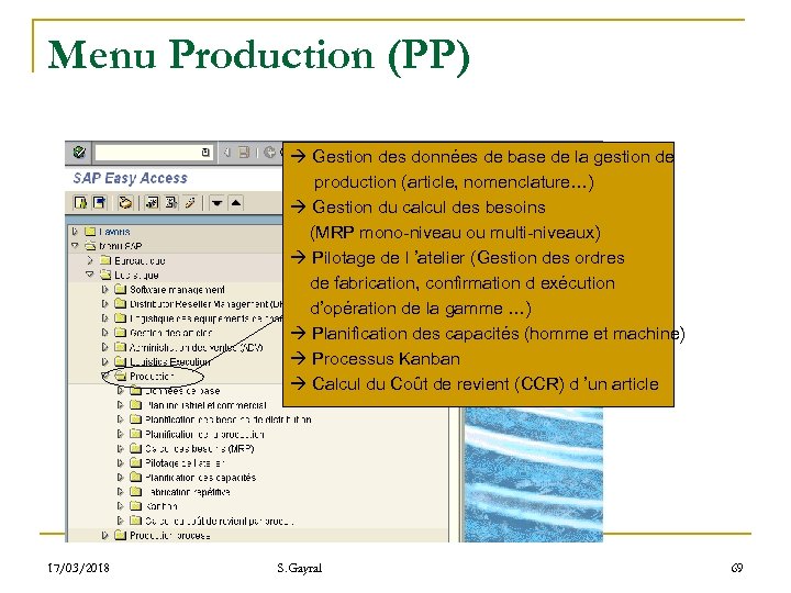 Menu Production (PP) Gestion des données de base de la gestion de production (article,