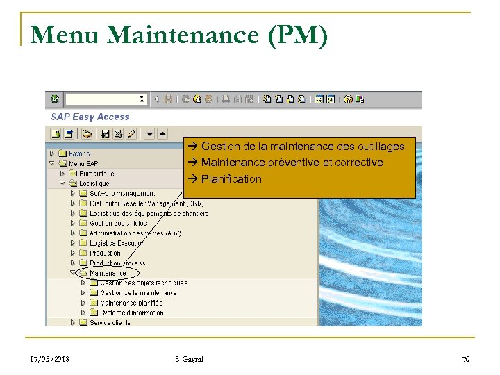 Menu Maintenance (PM) Gestion de la maintenance des outillages Maintenance préventive et corrective Planification