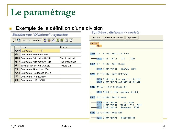 Le paramétrage n Exemple de la définition d’une division 17/03/2018 S. Gayral 78 