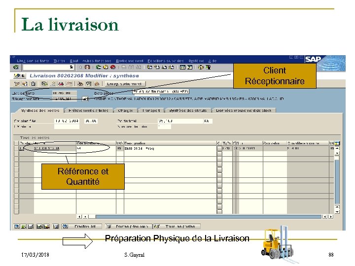 La livraison Client Réceptionnaire Référence et Quantité Préparation Physique de la Livraison 17/03/2018 S.