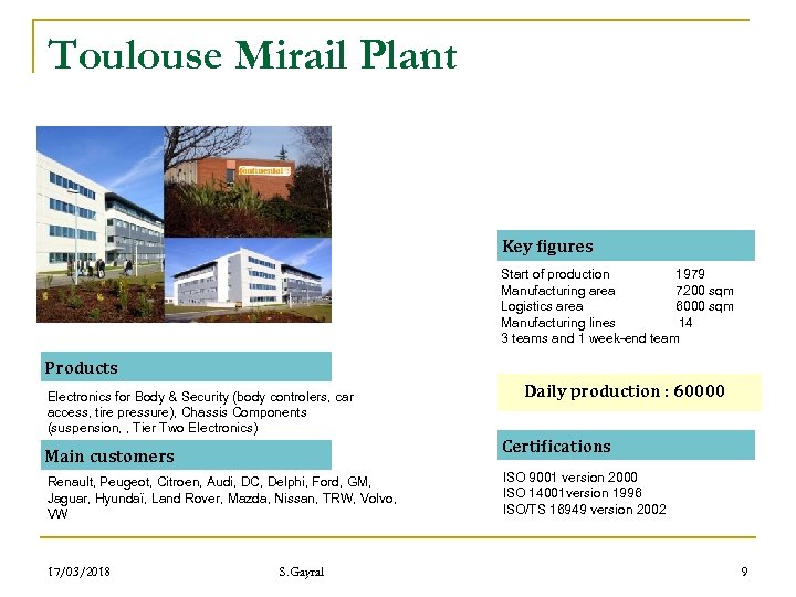 Toulouse Mirail Plant Key figures Start of production 1979 Manufacturing area 7200 sqm Logistics