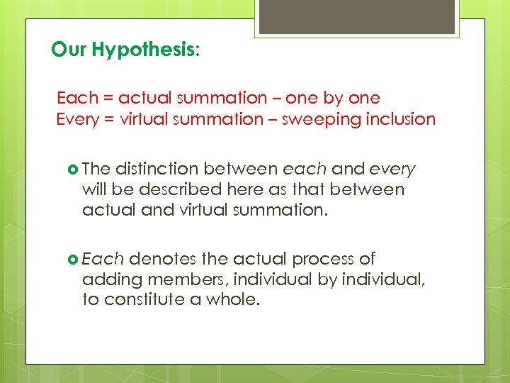 Our Hypothesis: Each = actual summation – one by one Every = virtual summation