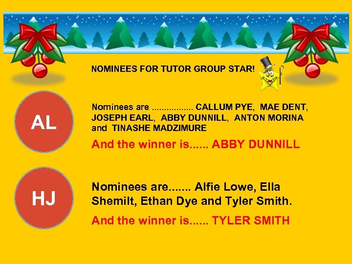 NOMINEES FOR TUTOR GROUP STAR! AL Nominees are. . . . CALLUM PYE, MAE