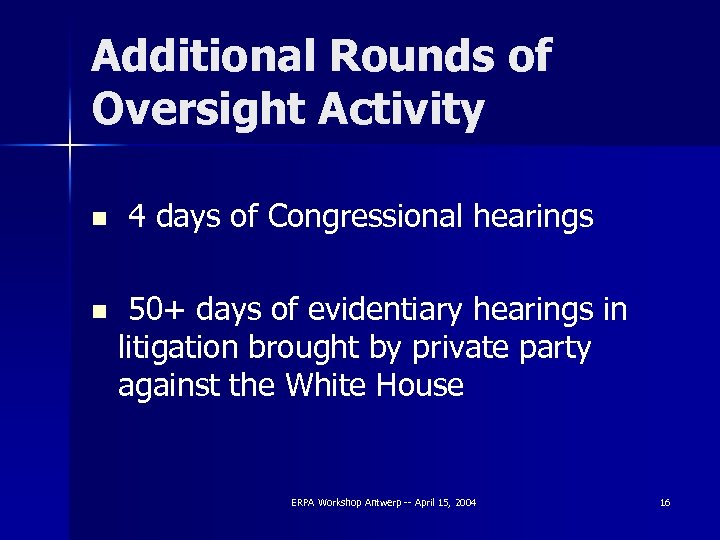 Additional Rounds of Oversight Activity n n 4 days of Congressional hearings 50+ days