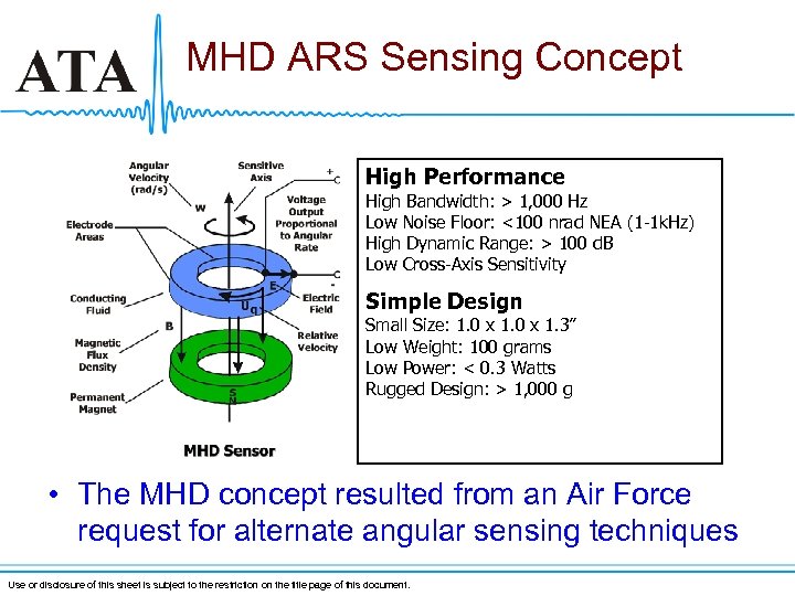 MHD ARS Sensing Concept High Performance High Bandwidth: > 1, 000 Hz Low Noise