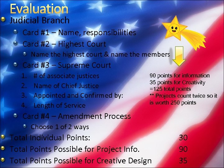 Evaluation Judicial Branch Card #1 – Name, responsibilities Card #2 – Highest Court Name