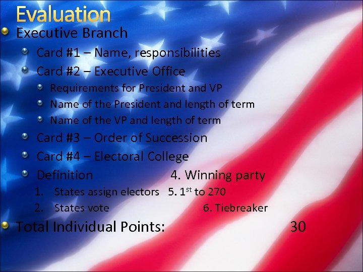 Evaluation Executive Branch Card #1 – Name, responsibilities Card #2 – Executive Office Requirements