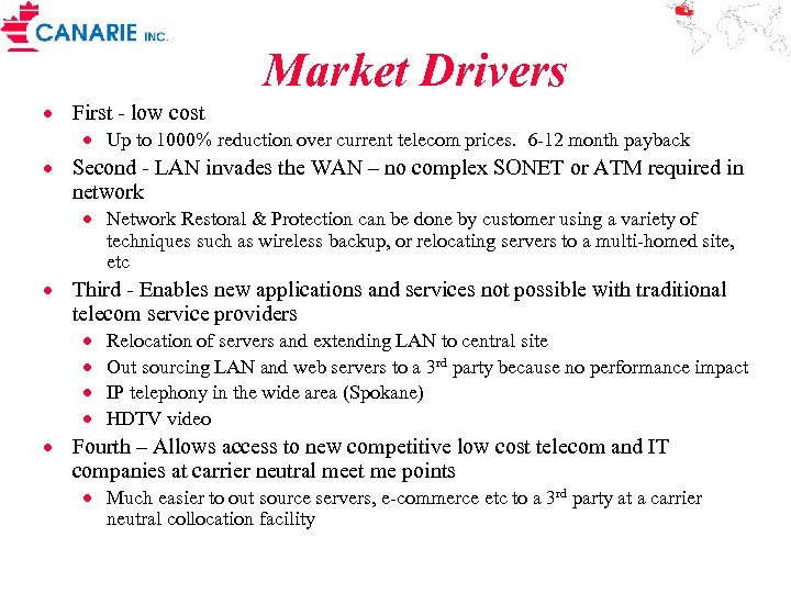 Market Drivers · First - low cost · Up to 1000% reduction over current