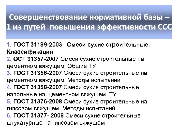 Совершенствование нормативной базы – 1 из путей повышения эффективности ССС 1. ГОСТ 31189 -2003