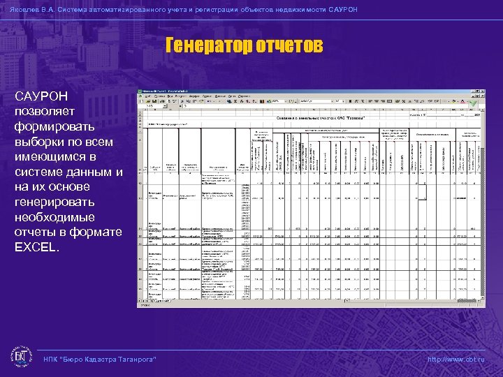 Яковлев В. А. Система автоматизированного учета и регистрации объектов недвижимости САУРОН Генератор отчетов САУРОН