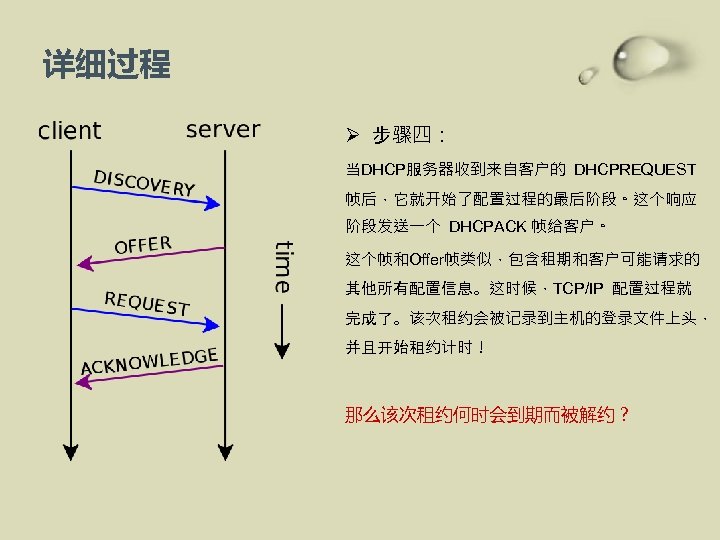 详细过程 Ø 步骤四： 当DHCP服务器收到来自客户的 DHCPREQUEST 帧后，它就开始了配置过程的最后阶段。这个响应 阶段发送一个 DHCPACK 帧给客户。 这个帧和Offer帧类似，包含租期和客户可能请求的 其他所有配置信息。这时候，TCP/IP 配置过程就 完成了。该次租约会被记录到主机的登录文件上头， 并且开始租约计时！
