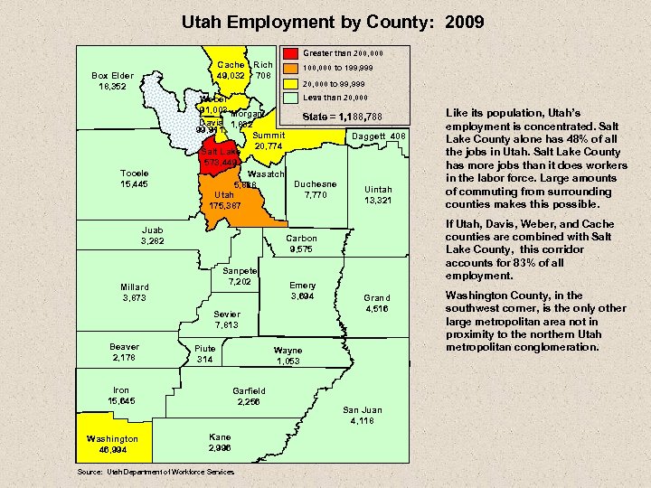 Utah Employment by County: 2009 Greater than 200, 000 Cache Rich 49, 032 708