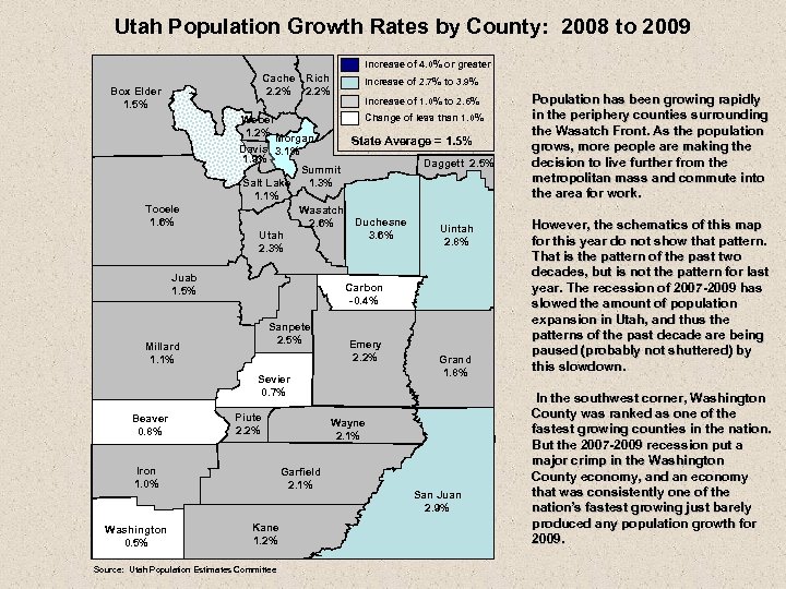 Utah Population Growth Rates by County: 2008 to 2009 Increase of 4. 0% or