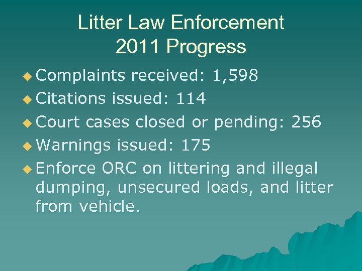 Litter Law Enforcement 2011 Progress u Complaints received: 1, 598 u Citations issued: 114