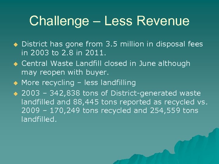 Challenge – Less Revenue u u District has gone from 3. 5 million in