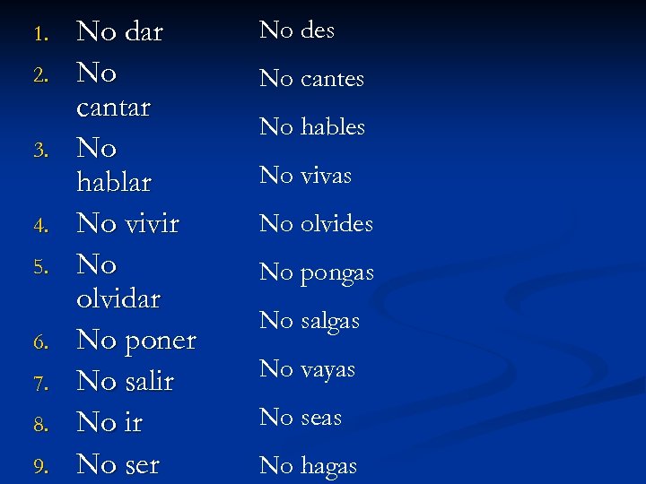 1. 2. 3. 4. 5. 6. 7. 8. 9. No dar No cantar No