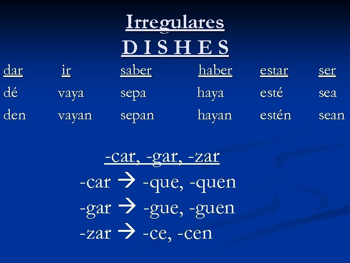 Irregulares DISHES dar dé den ir vayan saber sepan haber hayan -car, -gar, -zar