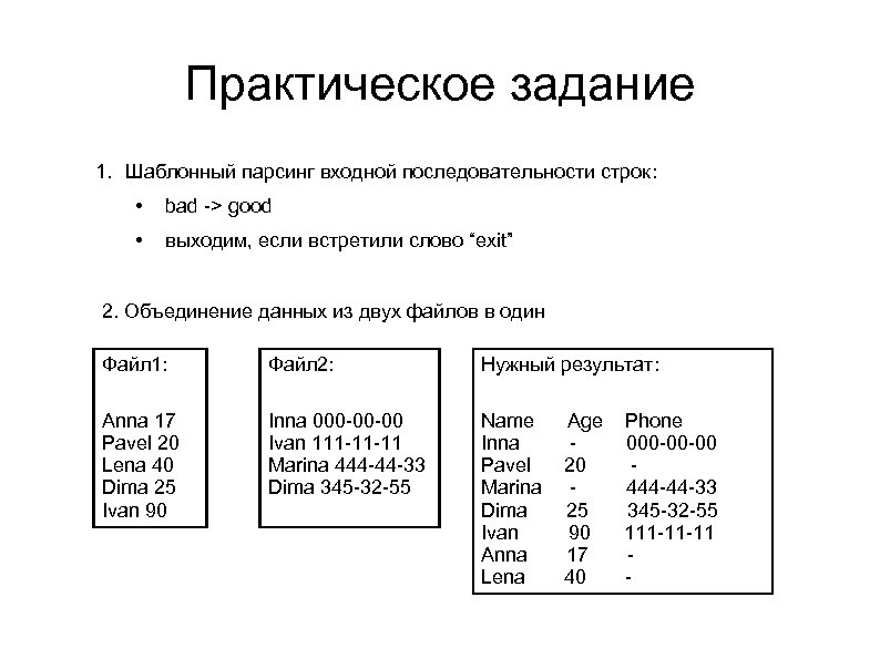 Практическое задание 1. Шаблонный парсинг входной последовательности строк: • bad -> good • выходим,