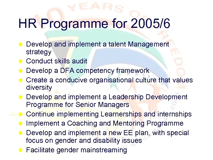 HR Programme for 2005/6 ® ® ® ® ® Develop and implement a talent