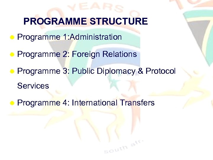 PROGRAMME STRUCTURE ® Programme 1: Administration ® Programme 2: Foreign Relations ® Programme 3: