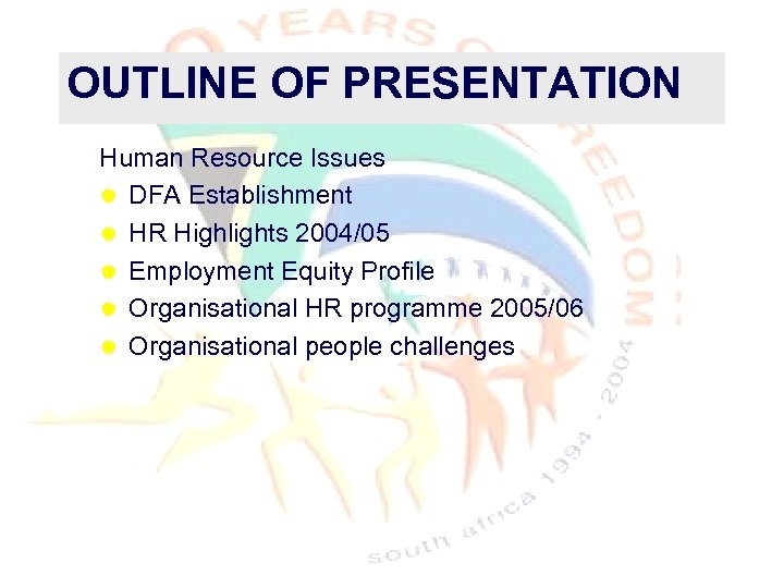 OUTLINE OF PRESENTATION Human Resource Issues ® DFA Establishment ® HR Highlights 2004/05 ®