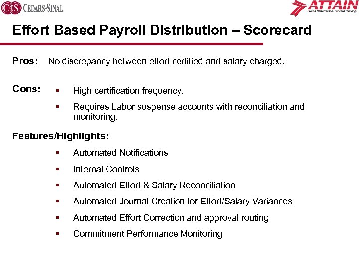 Effort Based Payroll Distribution – Scorecard Pros: Cons: No discrepancy between effort certified and