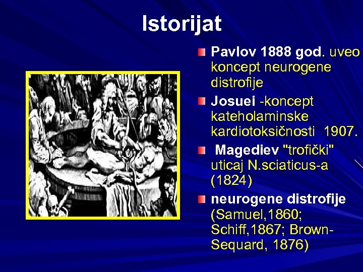 Istorijat Pavlov 1888 god. uveo koncept neurogene distrofije Josuei -koncept kateholaminske kardiotoksičnosti 1907. Magediev