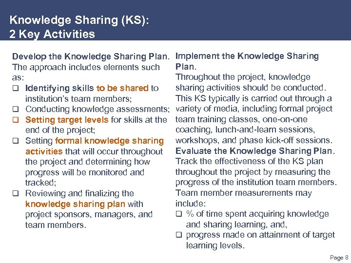 Knowledge Sharing (KS): 2 Key Activities Develop the Knowledge Sharing Plan. The approach includes